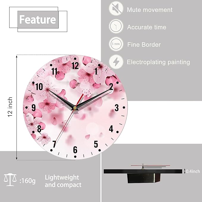 SPUNKER Wall Clocks,Cherry Blossom Wall Clocks for Living Room Decor,Pink Sakura Flower Kitchen Clocks Wall Battery Operated - 10 Inch Round Bathroom Wall Clock Silent Non-Ticking