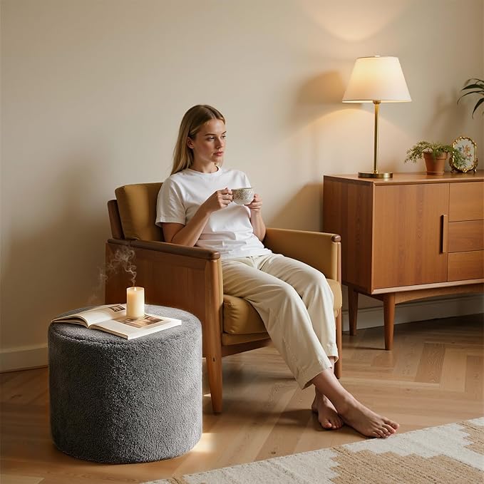 Round Boucle Pouf Ottoman Footrest – Soft & Lightweight Footstool with Full Foam Filling for Living Room, Bedroom