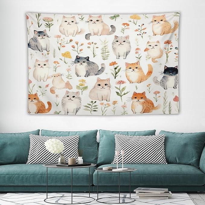 VUMIVI Cute Cat Tapestry Cartoon Pets Flowers Mushrooms Butterflies Watercolor Illustrations Tapestry Wall Hanging for Living Room Bedroom Dorm Classroom Aesthetic Decor W90xL60in