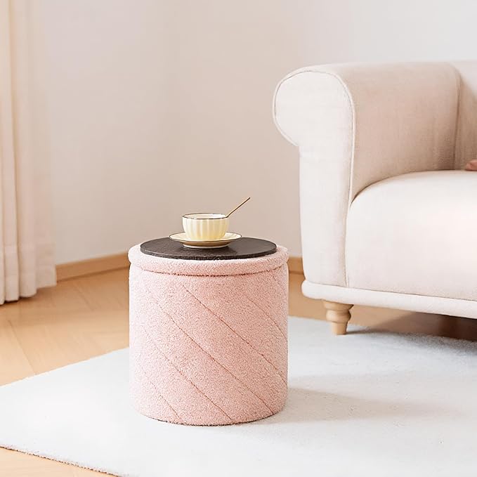 13" Foldable Boucle Round Storage Ottoman,Space-Saving Footrest/Seating/Coffee Table for Small Apartments,Dorms & Bedrooms-Pink