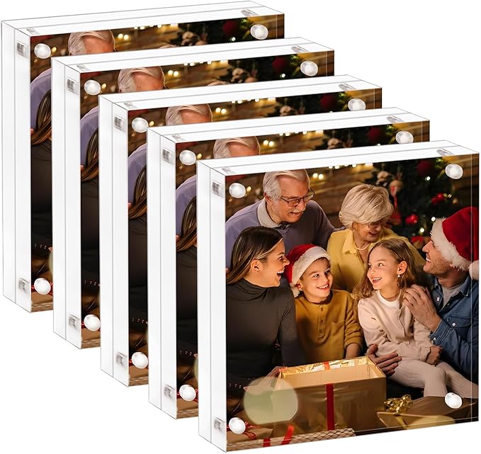 7x7 Acrylic Picture Frame 5 Pack,Clear Double Sided Frameless Photo Frame with Magnetic, Free Standing Desktop Acrylic Frame Display, Lucite Frame with Gift Box Package