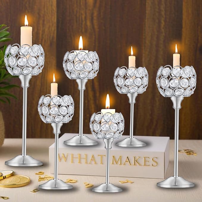 Crystal Metal Tealight Candlestick, Bling Bowl Candelabras, Tall Crystal Candle Holders Elegant Candle Centerpiece for Dining Table Wedding Home Mantel Decor (Silver, 2 Sets(6 Pcs))