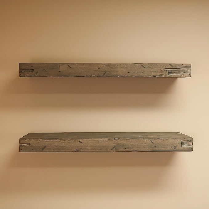 Urbandi Rustic Distressed Floating Shelves, Set of 2, Handmade Out of Pine Wood, 3 Inch Thick, Made in USA (Aged Barrel, 48Lx3Hx6D)