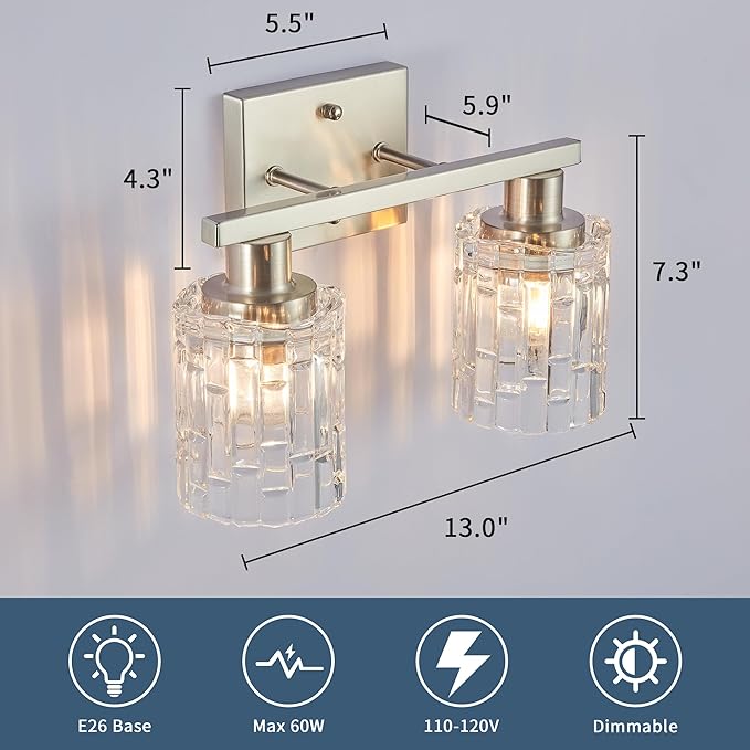 2 Light Brushed Nickel Bathroom Vanity Light Over Mirror, Modern Vanity Lighting with Crystal Glass Shade, Wall Mount Bathroom Light Fixtures, E26 Base