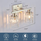 2 Light Brushed Nickel Bathroom Vanity Light Over Mirror, Modern Vanity Lighting with Crystal Glass Shade, Wall Mount Bathroom Light Fixtures, E26 Base