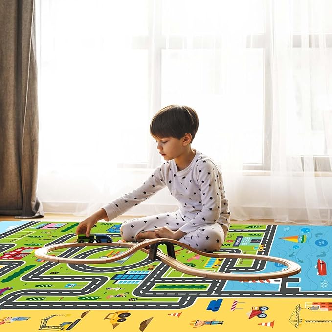 Kids Rug Playroom Car Rug Play Mat City Life Road Rugs Fun City Map Carpet for Bedroom(Green-Rug, 3.3x4.9ft)