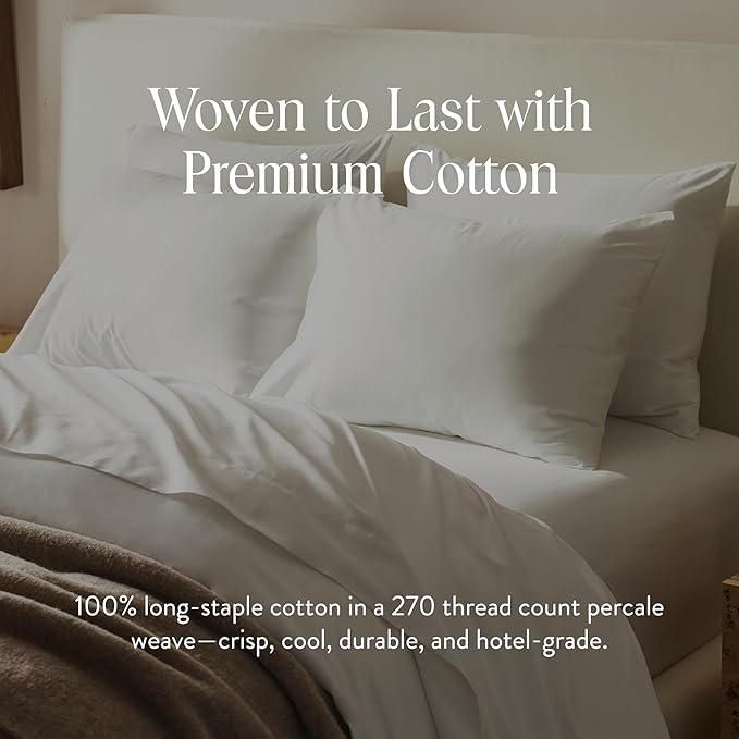 Brooklinen Luxury Percale Duvet Cover – 100% Cotton, Cool, Crisp, Extra-Long Corner Ties, Button Closure, Soft & Breathable – Machine Washable, Duvet Cover Full/Queen Bed Sizes (White)