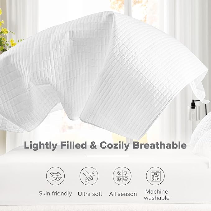 Comfort Spaces White Oversized Queen Quilt Set 102"x118" Bedspread Quilted Summer Lightweight Microfiber Bedding Coverlet with Double Sided Stitching Soft All Season Cozy 3 Piece with Matching Shams