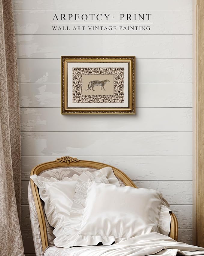 ARPEOTCY Gold Framed Canvas Wall Art, 11x14 Vintage Leopard Illustration with Leopard-Print Border, Safari Animal Wall Art for Living Room, Bedroom, Office, Glam & Maximalist Home Decor
