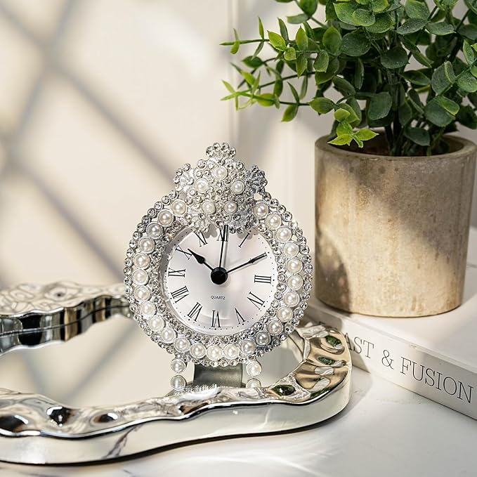 Mini Tabletop Clock, Decorative Metal Table Clock with Battery Operated for Bedside, Table, Living Room, Home and Office