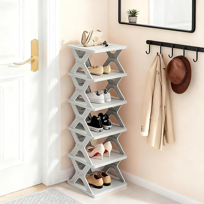 Shoe Rack, Collapsible Kids Shoe Rack, 6-Tier Small Foldable Shoe Organizer for Entryway, Dorm, Bedroom (Grey-x)