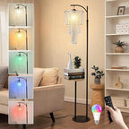 Arc Floor Lamp with Table and Shelves,Crystal Floor Lamps for Living Room,Dimmable Elegant Modern LED Floor Standing Lamp with Remote Control & 10 Colors,Black Adjustable Tall Lamp For Bedroom Corner