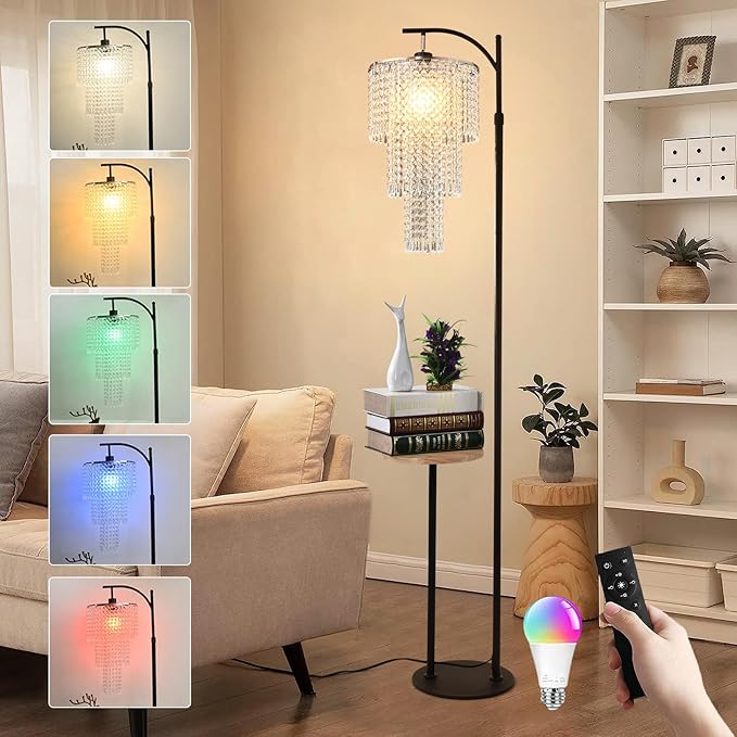 Arc Floor Lamp with Table and Shelves,Crystal Floor Lamps for Living Room,Dimmable Elegant Modern LED Floor Standing Lamp with Remote Control & 10 Colors,Black Adjustable Tall Lamp For Bedroom Corner