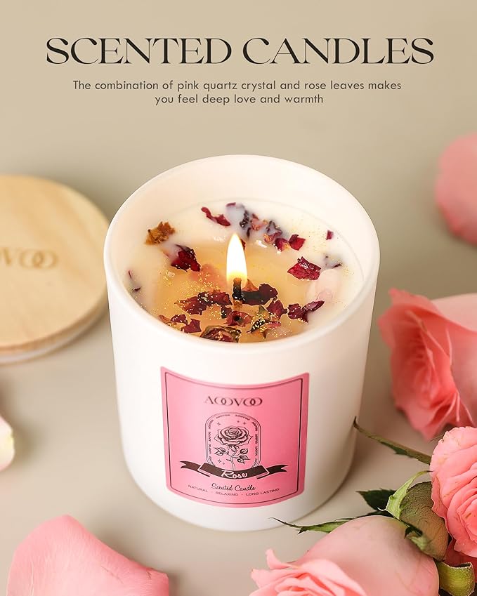 AOOVOO Rose Scented Candles for Women - Aromatherapy Candle with Crystals Inside, 10oz Soy Candles for Home Scented, Birthday Gifts Valentines Day Candle for Mom Women