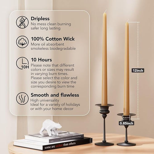 12-Inch Tall Dripless Taper Candles Set of 4 - Beige Tapered Candles, Perfect for Christmas - Smokeless, Unscented, Long Burning - Hand Poured, Colored Tall Candlesticks - Beige