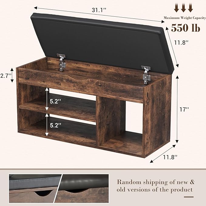 Apicizon 31 Inches Storage Bench, Shoe Bench with Flip Top Storage Space and Padded Cushion, Wooden Entryway Bench for Entryway, Living Room, 2-Tier Shoe Rack Organizer, Brown