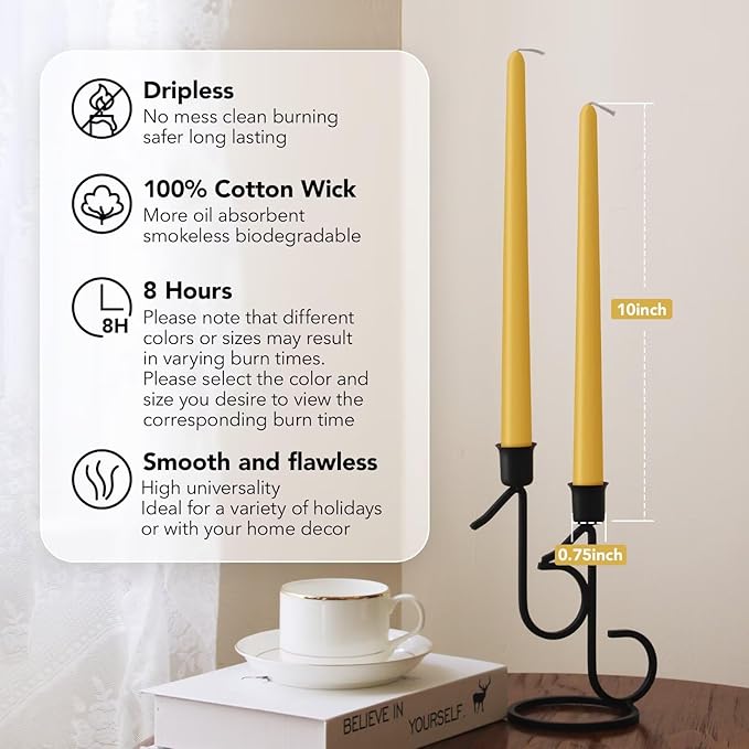New Burning Formula Unscented Dripless 10-Inch Taper Candles Set of 12 - Spicy Mustard, for Wedding, Dinner - Smokeless, Long Burning - Hand Poured, Colored Tall Candlesticks - Mostaza Picante