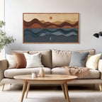 CHDITB Framed Canvas Wall Art for Bedroom, Sun and Moon Long Horizontal Wall Decor, Mid Century Modern Painting, Vintage Abstract Wave Line Poster, Mountain Sea Artwork for Living Room Office 40”X20”