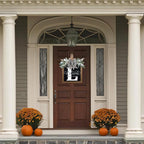 Ultra Large 14'' Last Name All Year Round Front Door Wreath with 26 Initial Letter Welcome Sign All Seasons Eucalyptus Garland and Bow Wreaths for Front Door Porch Farmhouse Decoration (L)