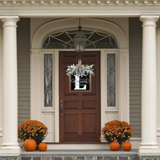 Ultra Large 14'' Last Name All Year Round Front Door Wreath with 26 Initial Letter Welcome Sign All Seasons Eucalyptus Garland and Bow Wreaths for Front Door Porch Farmhouse Decoration (L)