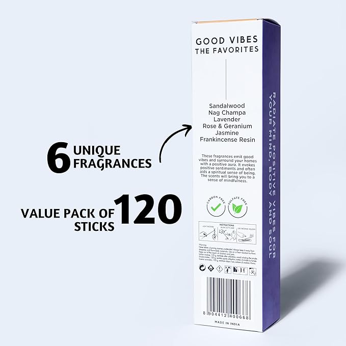 Folkulture Incense Sticks (120 Sticks) | Set of 6 Premium Incense For Meditation, Aromatherapy | No Charcoal,Organic, Non Toxic, 45 Mins, Long Burning Lavender, Frankincense, Nag Champa Insence-Sticks