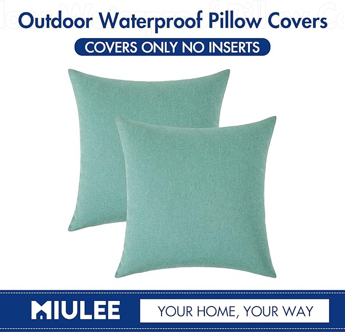 MIULEE Pack of 2 Decorative Outdoor Solid Waterproof Throw Pillow Covers Spring Euro Sham Faux Linen Garden Farmhouse Cushion Cases for Summer Patio Tent Balcony Couch Sofa 24x24 Inch Teal
