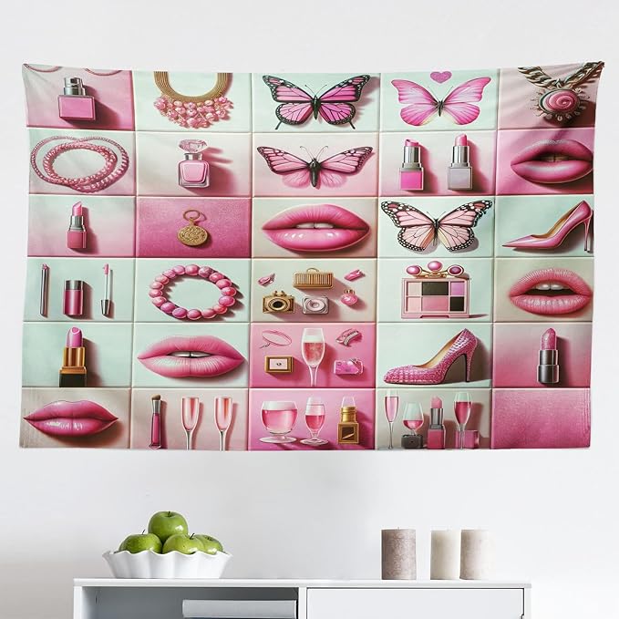 Ambesonne Pink Tapestry, Squares of Feminine Fashion Lipstick Butterfly Makeup Glam Kisses Concepts, Fabric Wall Hanging Decor for Bedroom Living Room Dorm, 45" X 30", Pale Mint Green