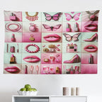Ambesonne Pink Tapestry, Squares of Feminine Fashion Lipstick Butterfly Makeup Glam Kisses Concepts, Fabric Wall Hanging Decor for Bedroom Living Room Dorm, 45" X 30", Pale Mint Green