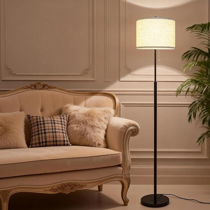 Modern Floor Lamp for Living Room with Beige Shade, Pull Chain Switch, 66" Tall Industrial Floor Lamps Reading with Marble Base for Bedroom Office (9W LED Bulb Included) -Black