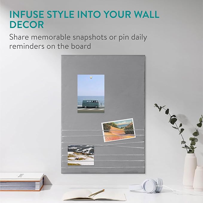 Navaris Fabric Memo Bulletin Board - 20" x 28" Velvet Memory Board for Wall to Display Photo Collages, Pictures, Notes - Includes 6 Push Pins - Gray
