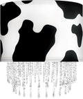 Black White Cow Print Lamp Shade with Acrylic Bead Droplets, Animal Drum Fabric Light Shade for Pendant Table & Floor Lamp, Cute Party Room Decor for Grandchild Kids Teens, 15.7in
