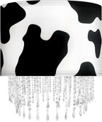 Black White Cow Print Lamp Shade with Acrylic Bead Droplets, Animal Drum Fabric Light Shade for Pendant Table & Floor Lamp, Cute Party Room Decor for Grandchild Kids Teens, 15.7in