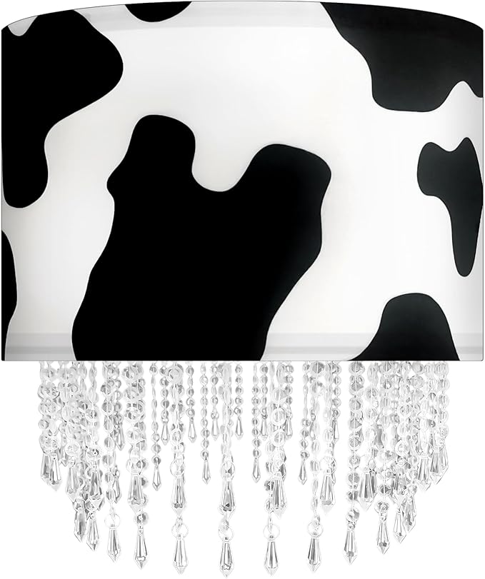 Black White Cow Print Lamp Shade with Acrylic Bead Droplets, Animal Drum Fabric Light Shade for Pendant Table & Floor Lamp, Cute Party Room Decor for Grandchild Kids Teens, 15.7in