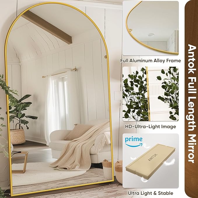 Antok Full Length Mirror, 76"x44" Floor Mirror, Arched Floor Standing Freestanding Arch Full Body Mirrors with Stand for Bedroom, Hanging Mounted for Living Room Cloakroom,Gold