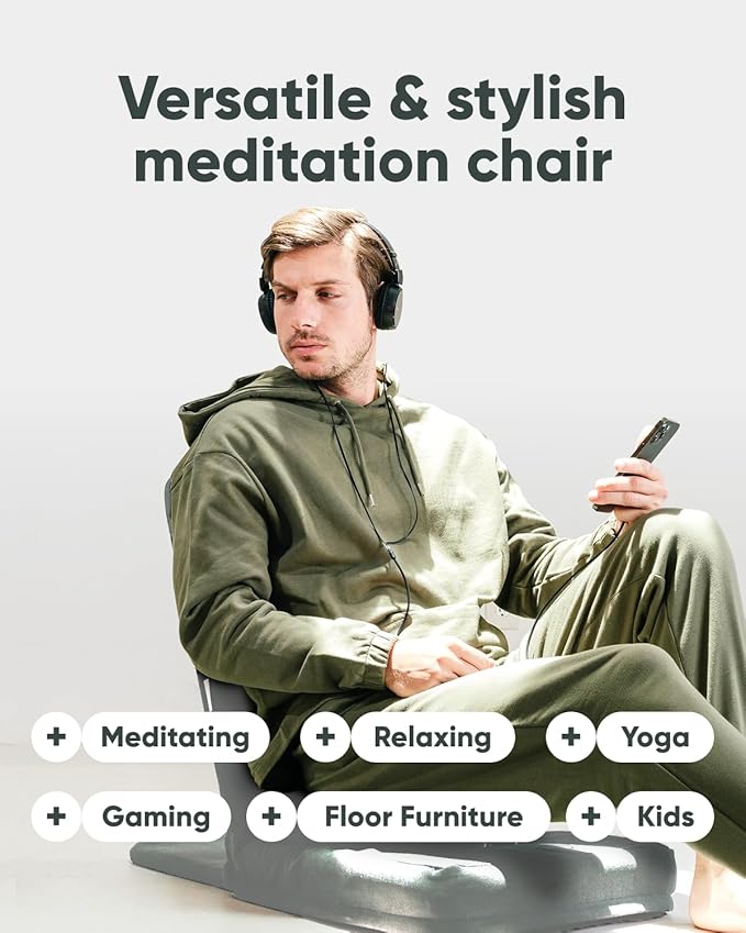 Mindful Modern Folding Pro Meditation Chair - Adjustable Meditation Seat with Back Support and Half Moon Buckwheat Meditation Cushion - Comfortable Mindfulness Living Room Floor Chair
