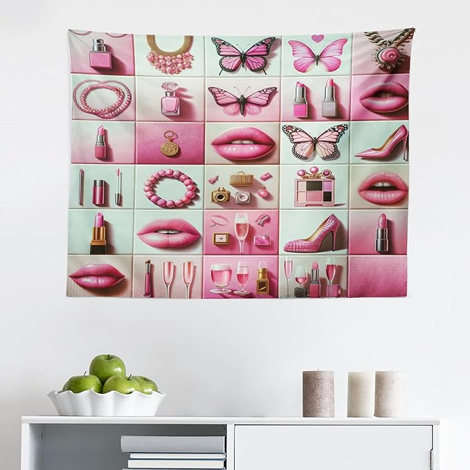 Ambesonne Pink Tapestry, Squares of Feminine Fashion Lipstick Butterfly Makeup Glam Kisses Concepts, Fabric Wall Hanging Decor for Bedroom Living Room Dorm, 28" X 23", Pale Mint Green