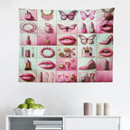 Ambesonne Pink Tapestry, Squares of Feminine Fashion Lipstick Butterfly Makeup Glam Kisses Concepts, Fabric Wall Hanging Decor for Bedroom Living Room Dorm, 28" X 23", Pale Mint Green