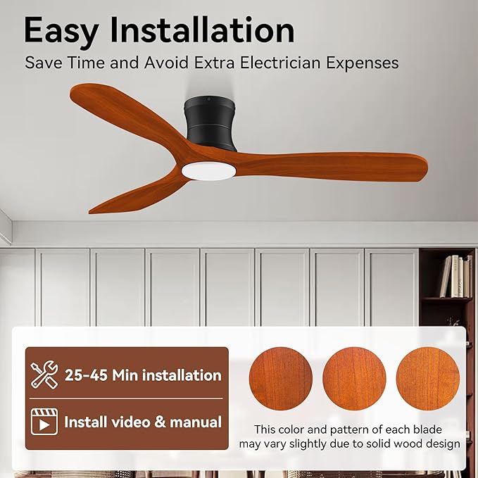 52' Smart Wood Low Profile Ceiling Fan with Lights Remote, Quiet DC Motor, Outdoor Indoor Flush Mount, Voice Control via WIFI Alexa App, Modern Dimmable Lighting for Bedroom Patio