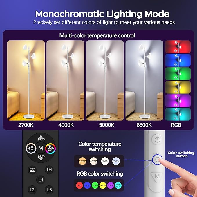 36W RGBCW Floor Lamp, Color Changing LED Tree Floor Lamp, Stepless Dimmable Tall Standing Lamp with Remote & Touch Control, 2700K-6500K Modern Floor Lamps for Living Room, Bedroom, Gaming Room - White