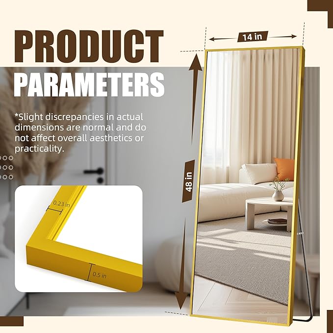 Antok Over The Door Mirror Full Length, 49'' x 14''Wall Mounted Hanging Mirror, Aluminum Alloy Frame, Shatterproof Glass, No Drill Installation for Bedroom, Closet, Bathroom, Dorm, Rect Corner, Gold