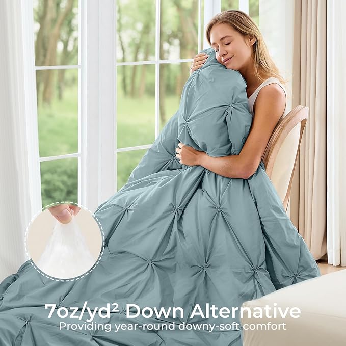 Sasttie Twin Comforter Set, 5-Piece Bed in a Bag, Pintuck Bedding Sets for All Season, Includes Comforter, Flat Sheet, Fitted Sheet, Pillowcase and Pillowsham, Greylish Blue