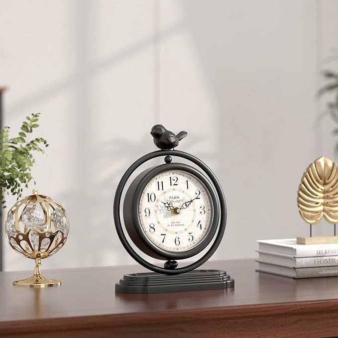Black Vintage Table Clock with Bird, European Retro Style Mantel Clocks, Desk and Shelf Decor Clock, for Living Room, Farmhouse, Bedside, Bedroom, Gift (7.9" H x 6.3" W)