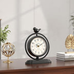 Black Vintage Table Clock with Bird, European Retro Style Mantel Clocks, Desk and Shelf Decor Clock, for Living Room, Farmhouse, Bedside, Bedroom, Gift (7.9" H x 6.3" W)