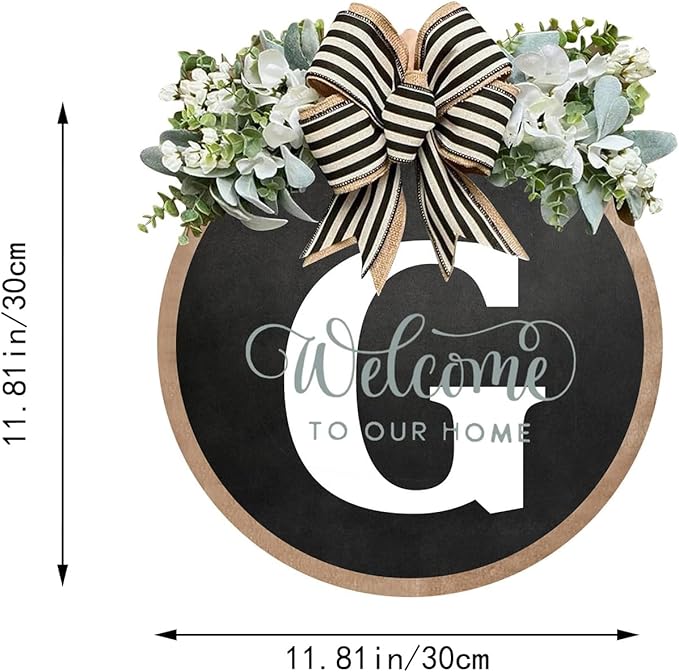 Circular Surname Front Door Welcome Sign - 26 Letter House Wreath, Front Porch Decorations, Year-Round Home Decor (G)