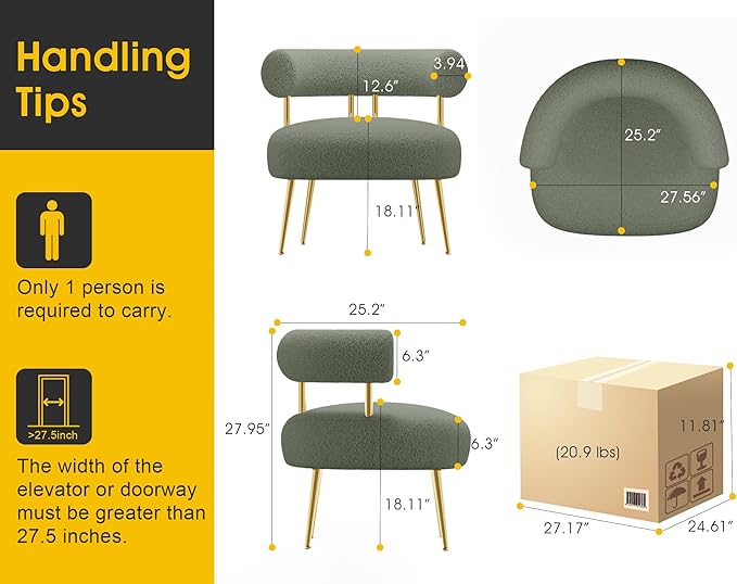 Mid Century Sherpa Boucle Accent Chair, Round Upholstered Barrel Arm Chair for Small Spaces, Fluffy Side Corner Sofa Chair for Living Room, Bedroom, Vanity, Office, Reading Nook(Green)