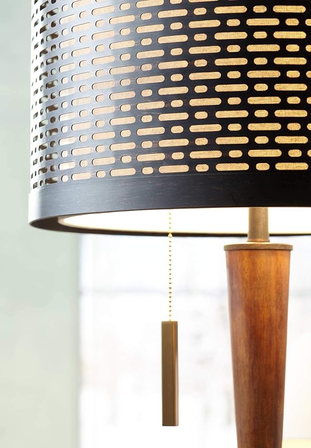 Franklin Iron Works Hunter Modern Mid Century Farmhouse Rustic Floor Lamp 64" Tall Bronze Cherry Wood Perforated Metal Cream Linen Double Drum Shade for Living Room Reading Bedroom Office House