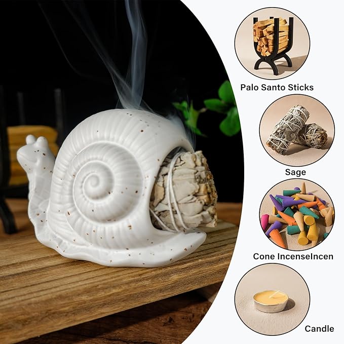 White Ceramic Snail Palo Santo Holder & Modern Chiminea Incense Burner - Elegant Cone Burner for Palo Santo Sticks & Sage - Perfect for Energy Cleansing, Yoga, Meditation, Zen Decor, Altar
