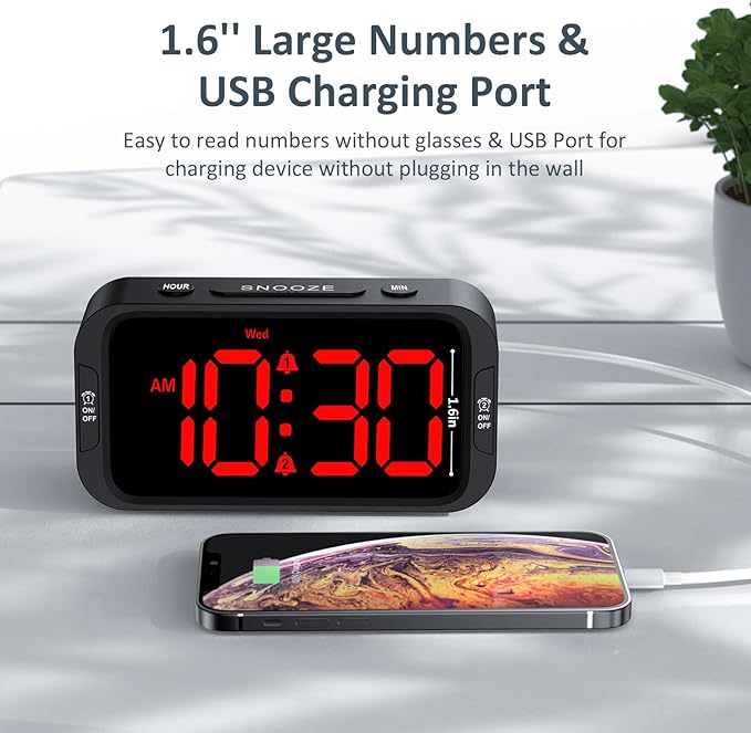 Digital Dual Alarm Clock for Bedroom, Easy to Set, 0-100% Dimmer, USB Charger, 5 Sounds Adjustable Volume, Weekday/Weekend Mode, Snooze, 12/24Hr, Battery Backup, Compact Clock for Bedside(Red)