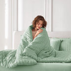 MUXHOMO 7 Pieces Queen Comforter Set, Seersucker Bed in a Bag Queen Size, All Season Luxury Bedding Set with Comforter, Flat Sheet, Fitted Sheet, Pillowcases & Shams, Sage Green