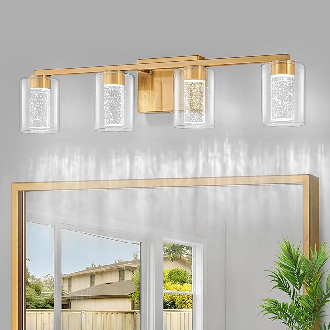 SineRise 4-Light Gold Vanity Light with 3 Color Modes (3000K/4000K/6000K), Eye Protection LED Bathroom Light Fixture, Dimmable Modern Wall Light Over Mirror with Clear Glass Shade